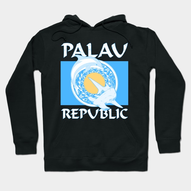 Palauan Flag with Hammerhead shark and dolphin Hoodie by NicGrayTees